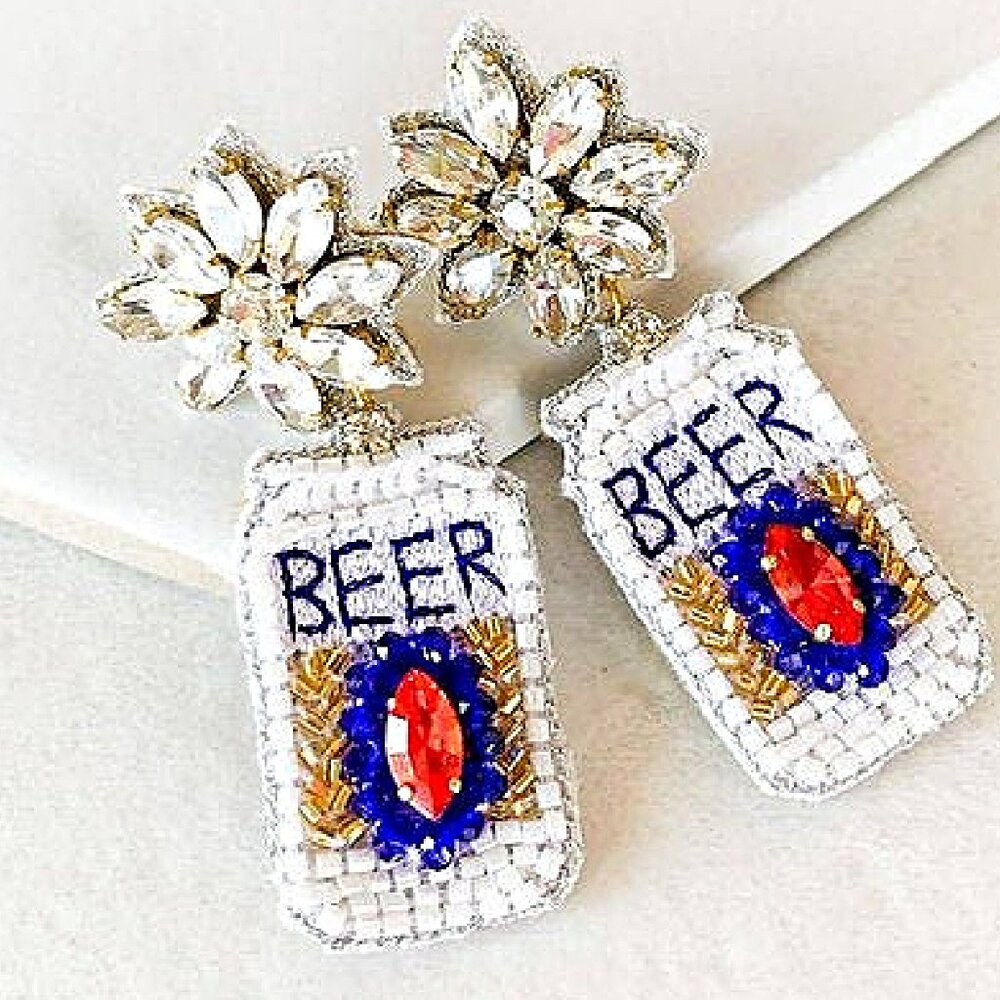 Seed Bead & Crystal Brand Beer Statement Gift Earrings